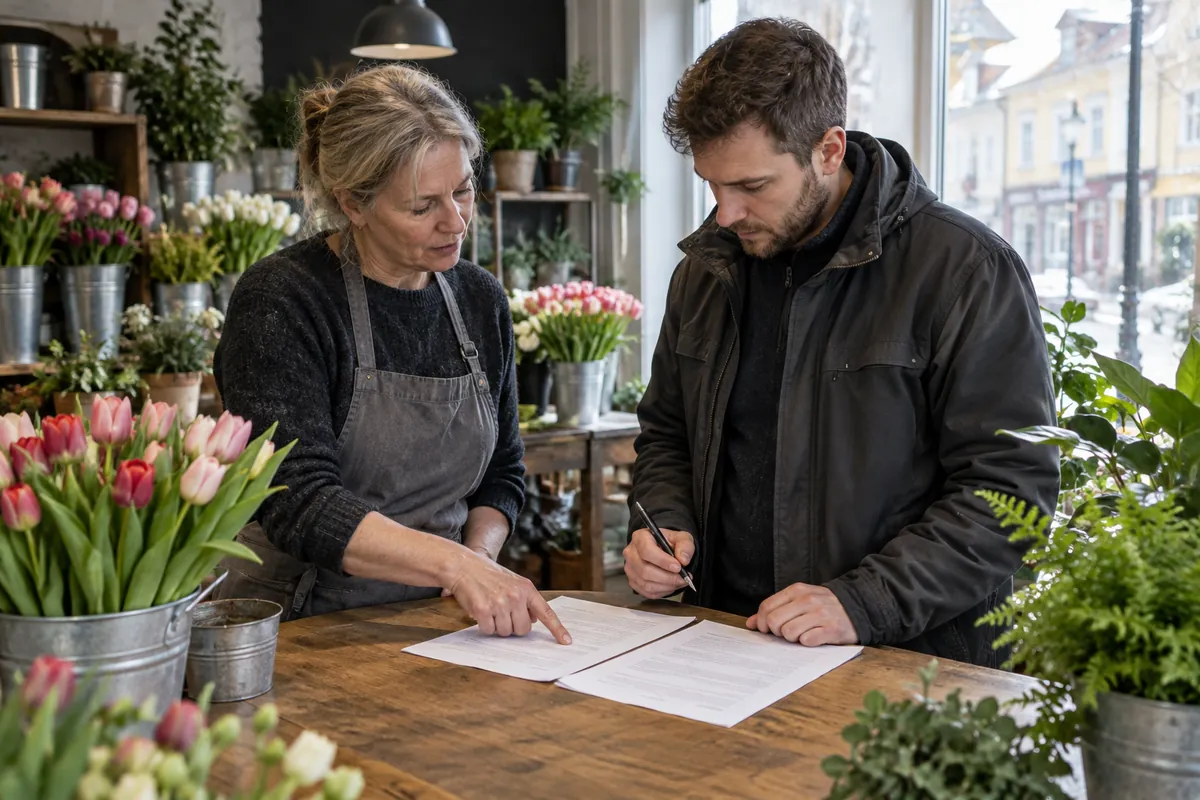 Blomsterhandlare går igenom anställningsavtalet med en nyanställd vid disken