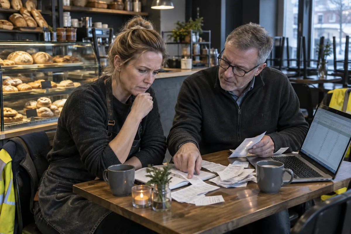 Caféägare och redovisningskonsult går igenom kvitton och moms vid ett bord i caféet
