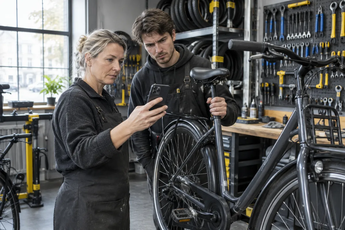 Ägare till en cykelverkstad fotograferar en nyservad cykel med mobilen medan en mekaniker håller cykeln