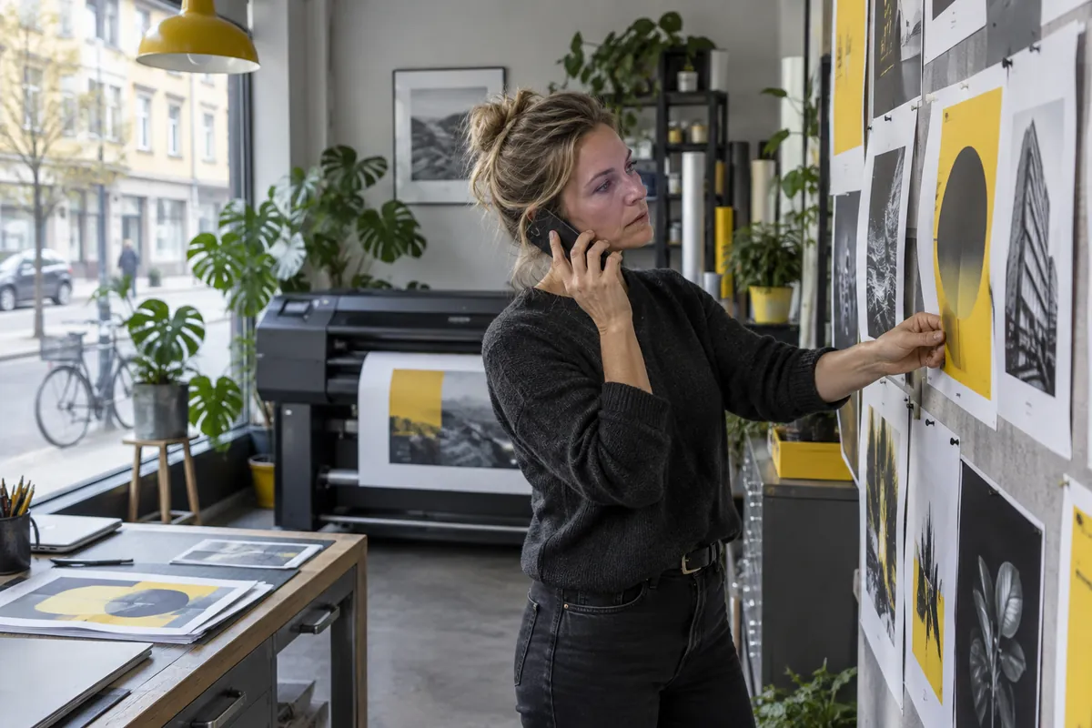 Grafisk formgivare i sin egen studio funderar på bolagsform medan hon sätter upp affischkorrektur