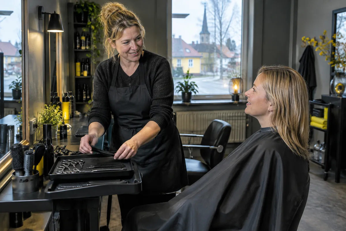 Frisör förbereder sin arbetsplats och pratar med första kunden i den nyöppnade salongen