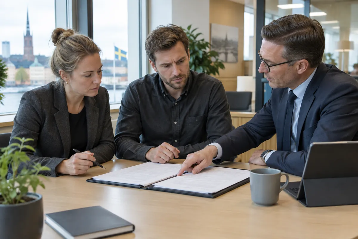 Två grundare skriver under stiftelseurkunden för sitt nya aktiebolag hos en bankrådgivare
