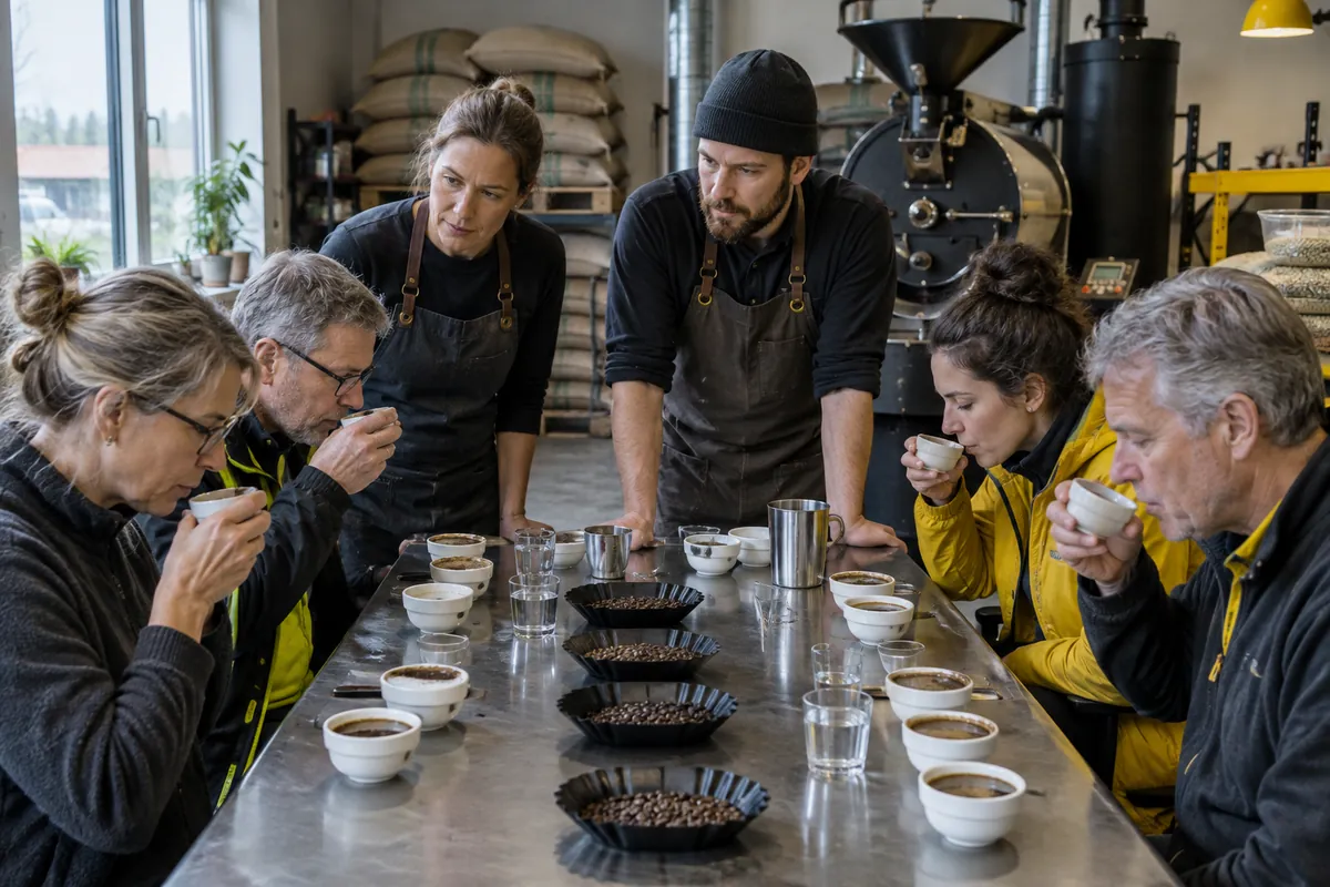 Ägare till ett litet kafferosteri låter stamkunder provsmaka kaffe och lyssnar på deras omdömen
