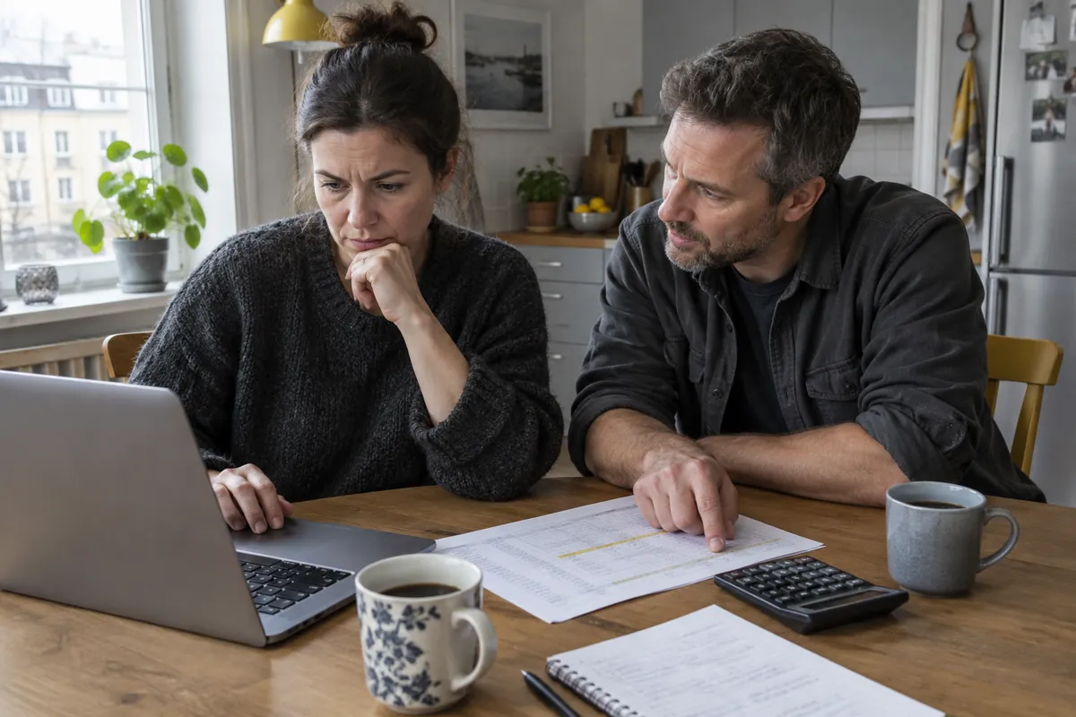 Kvinna registrerar sitt nya företag på en laptop medan en vän går igenom budgeten vid köksbordet