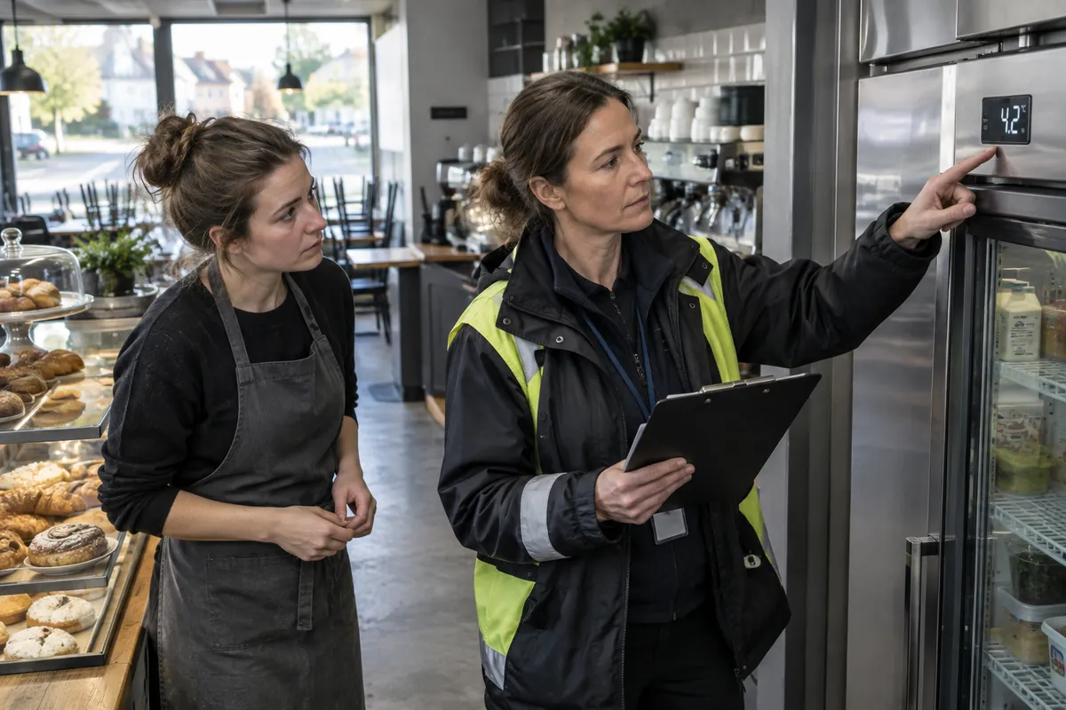 Livsmedelsinspektör kontrollerar kylen tillsammans med ägaren till ett nyöppnat kafé