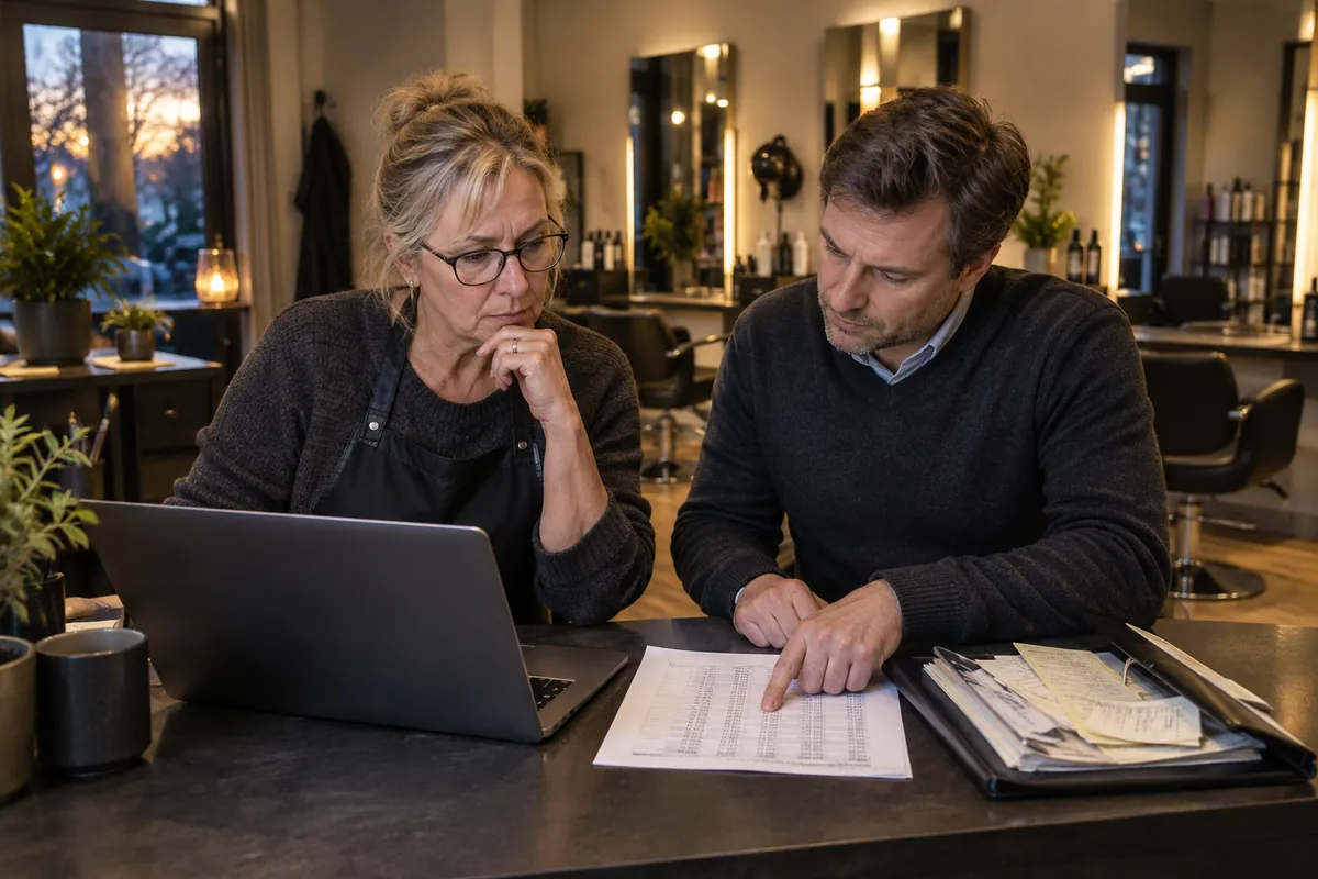 Salongsägare går igenom företagets skatter med sin redovisningskonsult efter stängning