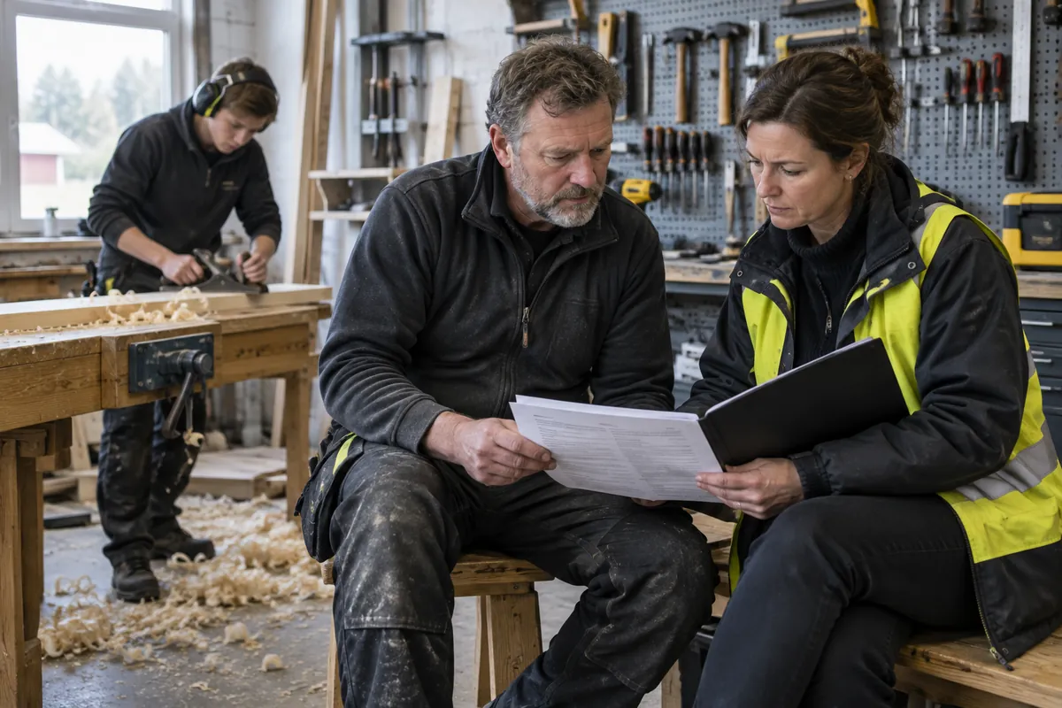 Snickeriägare och facklig företrädare läser igenom ett avtal i verkstaden