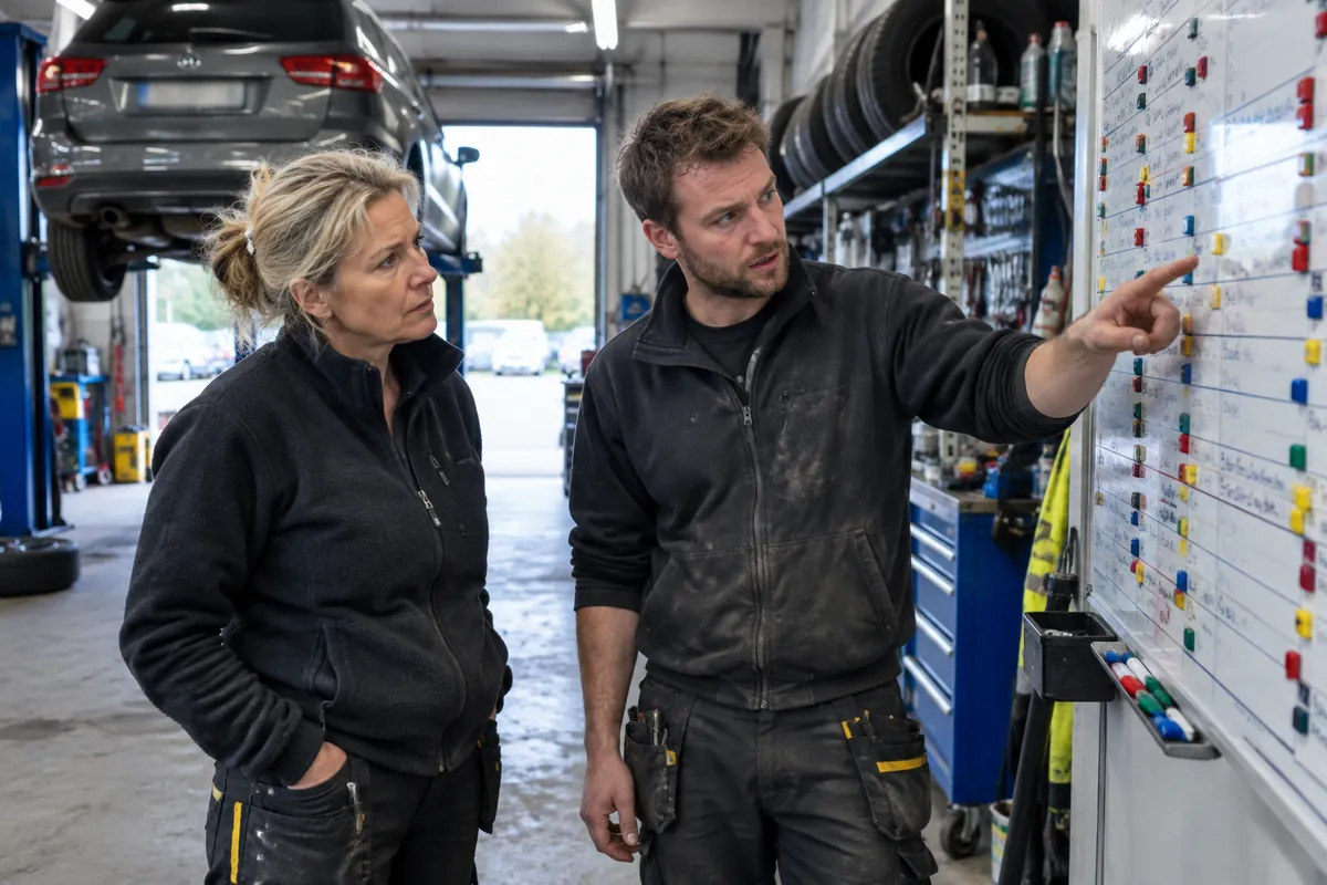 Verkstadsägare går igenom ett överfullt arbetsschema med en trött mekaniker i verkstaden